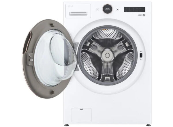 LG 5.0 cu. ft. Stackable Smart Front Load Washer washing lavadora clothes in White